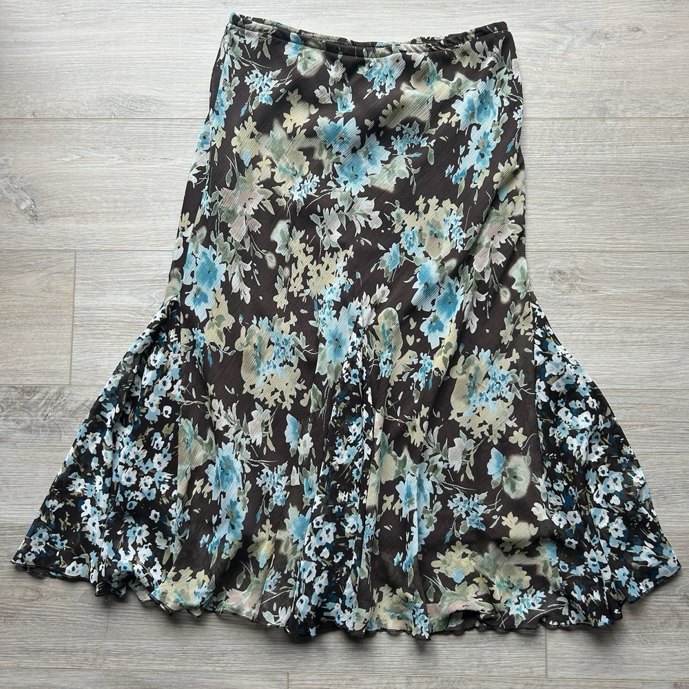 Briggs New York Medium Brown‎ Blue Floral Flowy Midi Lined Skirt Fairy 90s